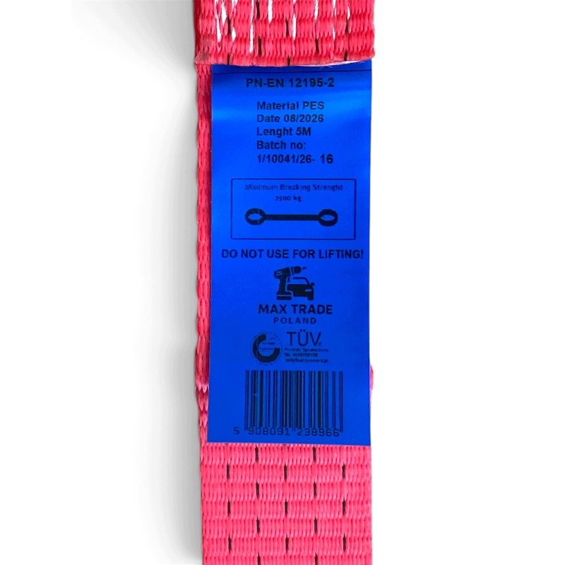 Linka pas holowniczy 5m 7,5t 50mm + 2 szakle TÜV wzmocnione pętle