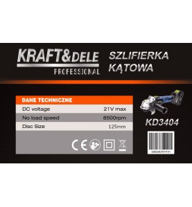 Specyfikacja techniczna szlifierki kątowej akumulatorowej KD3404 na etykiecie