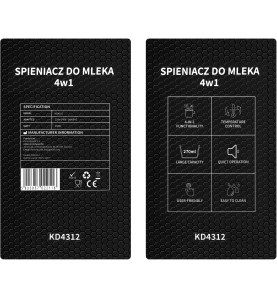 Specyfikacja techniczna na opakowaniu spieniacza do mleka Kraft&Dele KD4312