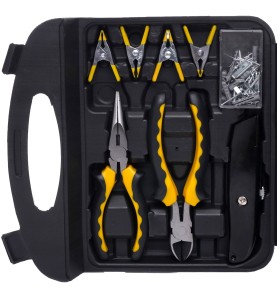Werkzeugset KD10831 - Detailansicht von Zangen, Klemmen und Cuttermesser