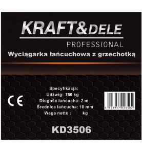 Etikett mit technischen Spezifikationen des Kettenzugs KD3506
