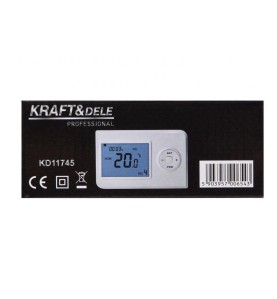 Termostat pokojowy KRAFT&DELE KD11745 - pudełko z oznaczeniami technicznymi i kodem kreskowym