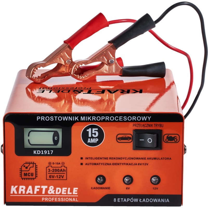 Prostownik mikroprocesorowy 15A 6/12V KRAFT&DELE KD1917 Prostownik mikroprocesorowy 15A 6/12V KRAFT&DELE KD1917