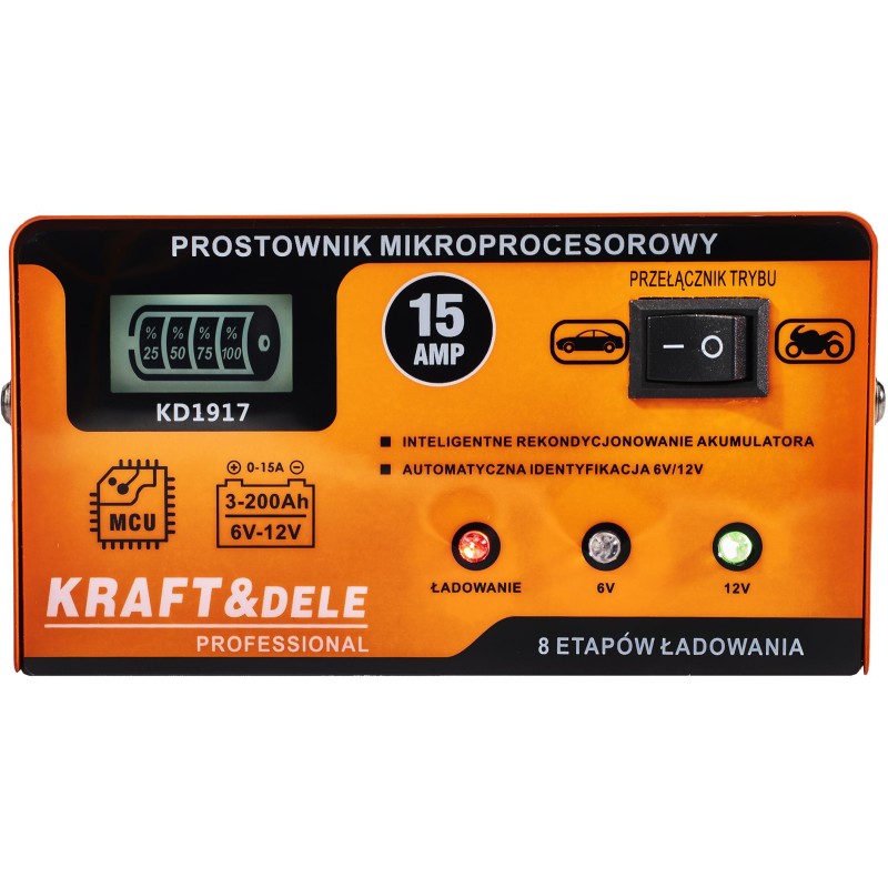 Mikroprocesinis akumuliatoriaus įkroviklis 15A 6/12V KRAFT&DELE KD1917 Mikroprocesinis akumuliatoriaus įkroviklis 15A 6/12V KRAFT&DELE KD1917