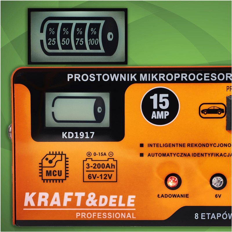 Mikroprocesinis akumuliatoriaus įkroviklis 15A 6/12V KRAFT&DELE KD1917 Mikroprocesinis akumuliatoriaus įkroviklis 15A 6/12V KRAFT&DELE KD1917