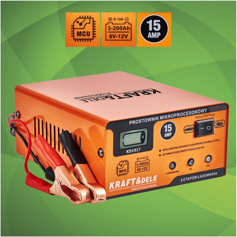 Mikroprocesinis akumuliatoriaus įkroviklis 15A 6/12V KRAFT&DELE KD1917 Mikroprocesinis akumuliatoriaus įkroviklis 15A 6/12V KRAFT&DELE KD1917
