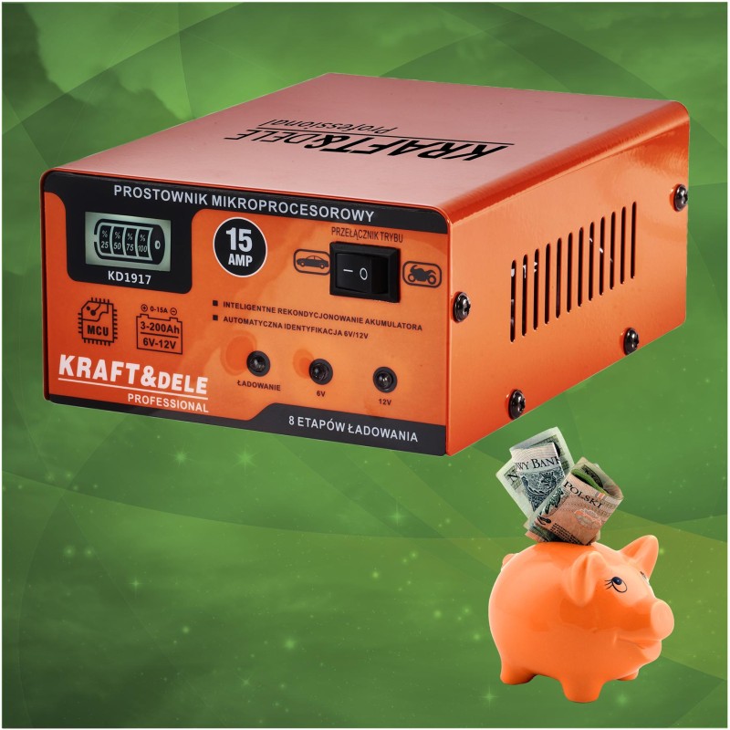 Prostownik mikroprocesorowy 15A 6/12V KRAFT&DELE KD1917 Prostownik mikroprocesorowy 15A 6/12V KRAFT&DELE KD1917