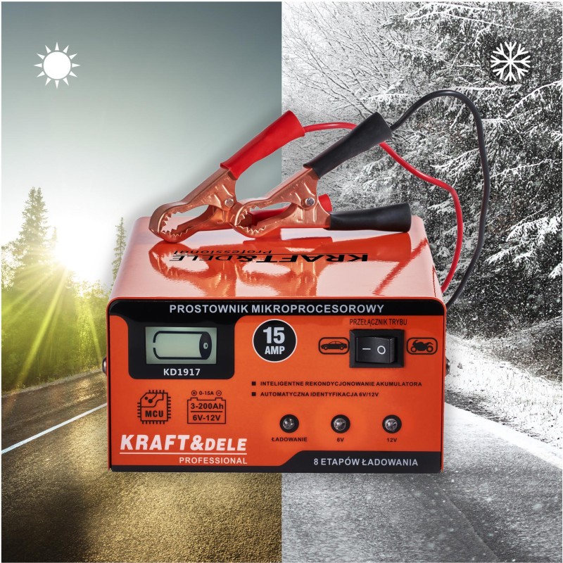 Mikroprocesinis akumuliatoriaus įkroviklis 15A 6/12V KRAFT&DELE KD1917 Mikroprocesinis akumuliatoriaus įkroviklis 15A 6/12V KRAFT&DELE KD1917