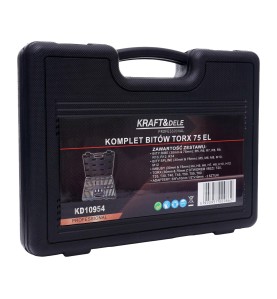 Zamknięta walizka z zestawem bitów TORX RIBE SPLINE 75el. Kraft&Dele KD10954 - widok etykiety