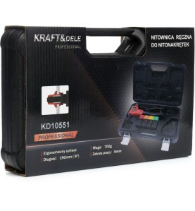 Opakowanie zewnętrzne nitownicy ręcznej KRAFT&DELE KD10551 z informacjami o parametrach technicznych