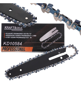 Zestaw tnący Kraft&Dele KD10584: prowadnica, łańcuch oraz opakowanie produktowe