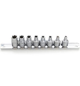 Torx-Steckschlüsselsatz 8-tlg. 3/8" KD10230 – Draufsicht auf das auf der Metallschiene angeordnete Set
