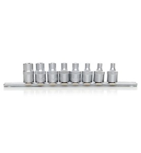 Zestaw nasadek Torx 8cz. 3/8" KD10230 - widok z boku na profil nasadek umieszczonych na listwie montażowej