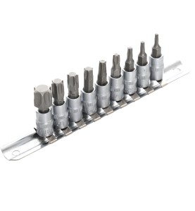 Zestaw nasadek z bitami 1/4" KD10241 - widok z boku na ułożenie bitów na metalowej listwie