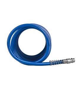 Wąż pneumatyczny spiralny 5x8mm 5m KD674 - wąż zwinięty w okrąg z widoczną końcówką
