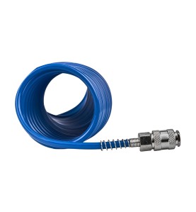 Wąż pneumatyczny spiralny 5x8mm 5m KD674 - zbliżenie na szybkozłączkę z zabezpieczeniem sprężynowym