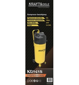 Karta techniczna kompresora bezolejowego KD1418 na opakowaniu produktu