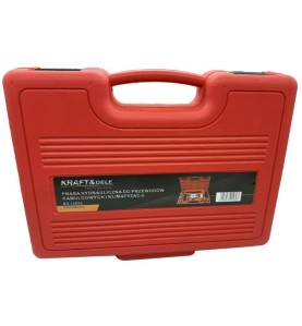 Geschlossener roter Koffer mit Produktetikett des hydraulischen Bördelgeräts KD12525 - Vorderansicht