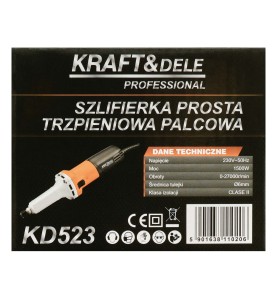Tył opakowania szlifierki prostej KD523 ze specyfikacją techniczną