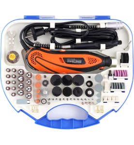 Wnętrze walizki z mini szlifierką 270W i zestawem 210 akcesoriów