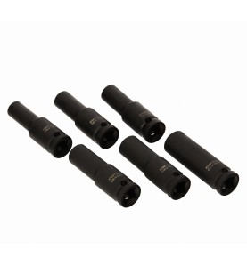 Sześć nasadek udarowych 1/2" z zestawu KD11749 ułożonych na białym tle