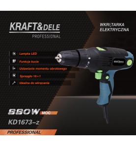 Grafika promocyjna wkrętarki elektrycznej 880W KD1673-Z z opisem funkcji