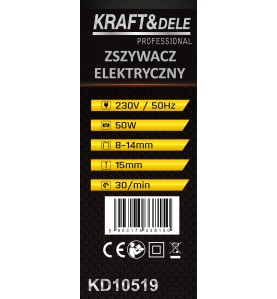 Verpackungsetikett des elektrischen Tackers KD10519 mit technischen Daten und Barcode