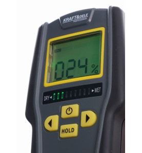 Nahaufnahme des eingeschalteten Displays des Feuchtigkeitsmessers KD11406 mit aktivem Messwert