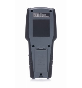 Ansicht der Rückseite des Feuchtigkeitsmessers KD11406 mit Batteriefach und technischen Spezifikationen