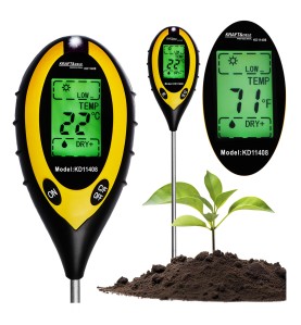 4-in-1 Bodenmessgerät KD11408 mit LCD-Display und beispielhafter Messung