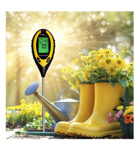 4-in-1 Bodenmessgerät KD11408 vor einem Gartenhintergrund mit Gartenwerkzeugen