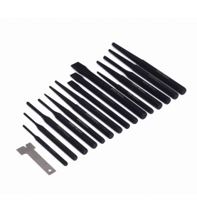 Schräge Ansicht auf schwarze Durchschläge und Meißel KD10097 mit Zubehör