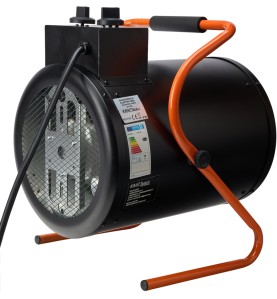 Nagrzewnica 10kW KD11724 widok z tyłu z etykietą energetyczną i tabliczką znamionową
