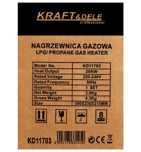 Tabliczka znamionowa z parametrami technicznymi na kartonie nagrzewnicy KD11703