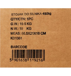 Etykieta na kartonie stojaka do silnika KD1361 z danymi technicznymi