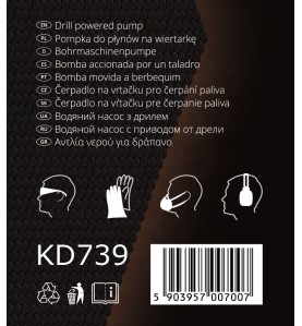 Etykieta opakowania pompy KD739 z informacjami technicznymi i kodem kreskowym