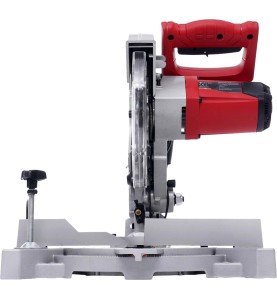 Widok z przodu pilarki ukosowej KRAFT&DELE KD3013 z czerwoną rękojeścią i tabliczką znamionową