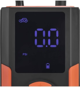 Közeli kép a KRAFT&DELE KD5534 kompresszor LCD kijelzőjéről, látható akkumulátor töltöttséggel és PSI mértékegységgel