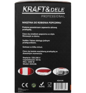 KRAFT&DELE KD4106 pattogatottkukorica-készítő csomagolásának hátoldala a specifikációval
