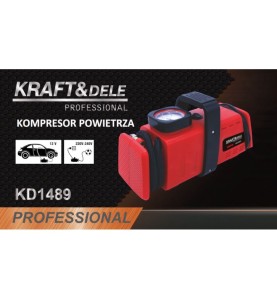 Grafika promocyjna kompresora KRAFT&DELE KD1489 z informacją o zasilaniu 12V/230V