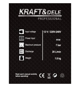 Tabela specyfikacji technicznej kompresora KRAFT&DELE KD1489 na czarnym tle