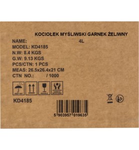 Etiketė ant 4L ketaus medžioklinio katilo KD4185 pakuotės su specifikacija