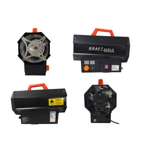 Zestaw czterech ujęć nagrzewnicy gazowej 25kW KD11731 prezentujący różne strony urządzenia