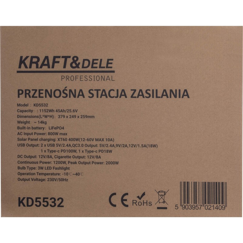 Hordozható erőmű 1152Wh 25.6V KRAFT&DELE KD5532