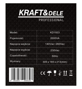 Zbliżenie na etykietę z danymi technicznymi na opakowaniu stabilizatora KRAFT&DELE KD1933