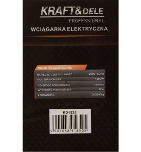 Etykieta z danymi technicznymi na opakowaniu wyciągarki KD1525