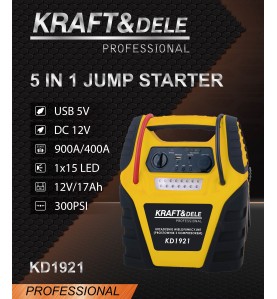 Jump starter 5W1 Kraft&Dele KD1921 - grafika promocyjna z parametrami technicznymi