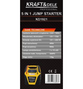 Jump starter KD1921 - karta produktu z tabelą danych technicznych