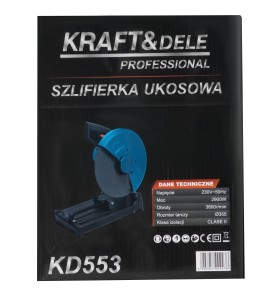 Opakowanie kartonowe przecinarki do metalu KD553 z tabelą danych technicznych