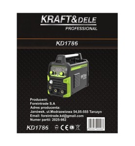 Etykieta informacyjna na opakowaniu spawarki KD1786 z danymi producenta